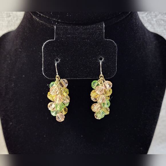 Yellow, Green and Pink Beaded Grape Bunch Statement Dangle Earrings / Pierced - Picture 6 of 8